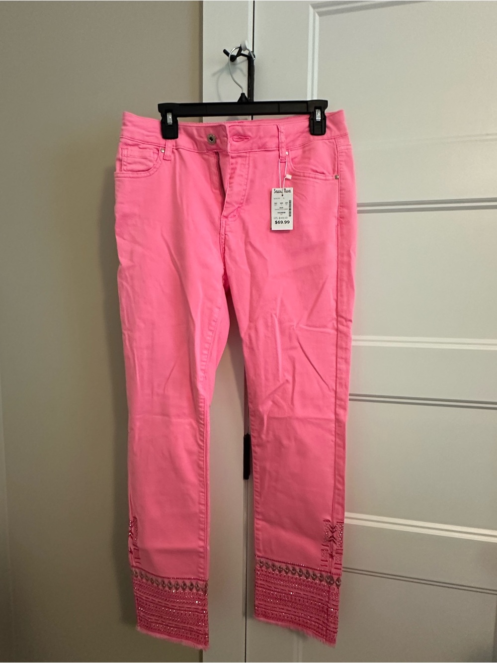 Bright Pink Embellished Hem Jeans
